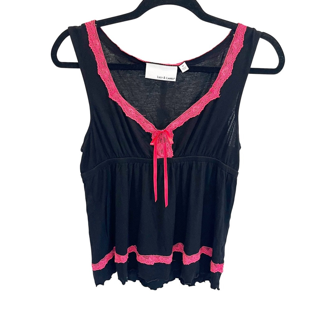 Lucy & Laurel Y2K Babydoll Top Black Pink Lace Trim Bow Coquette Size Medium